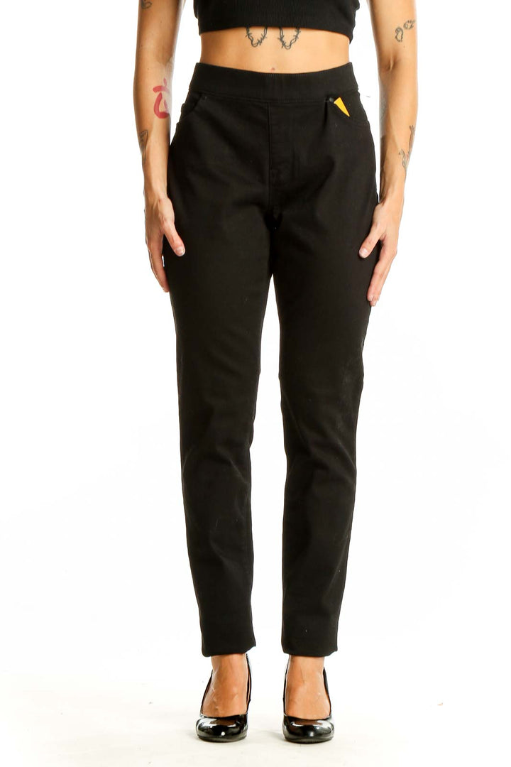 Front view of Lee black straight-leg dress pants on model