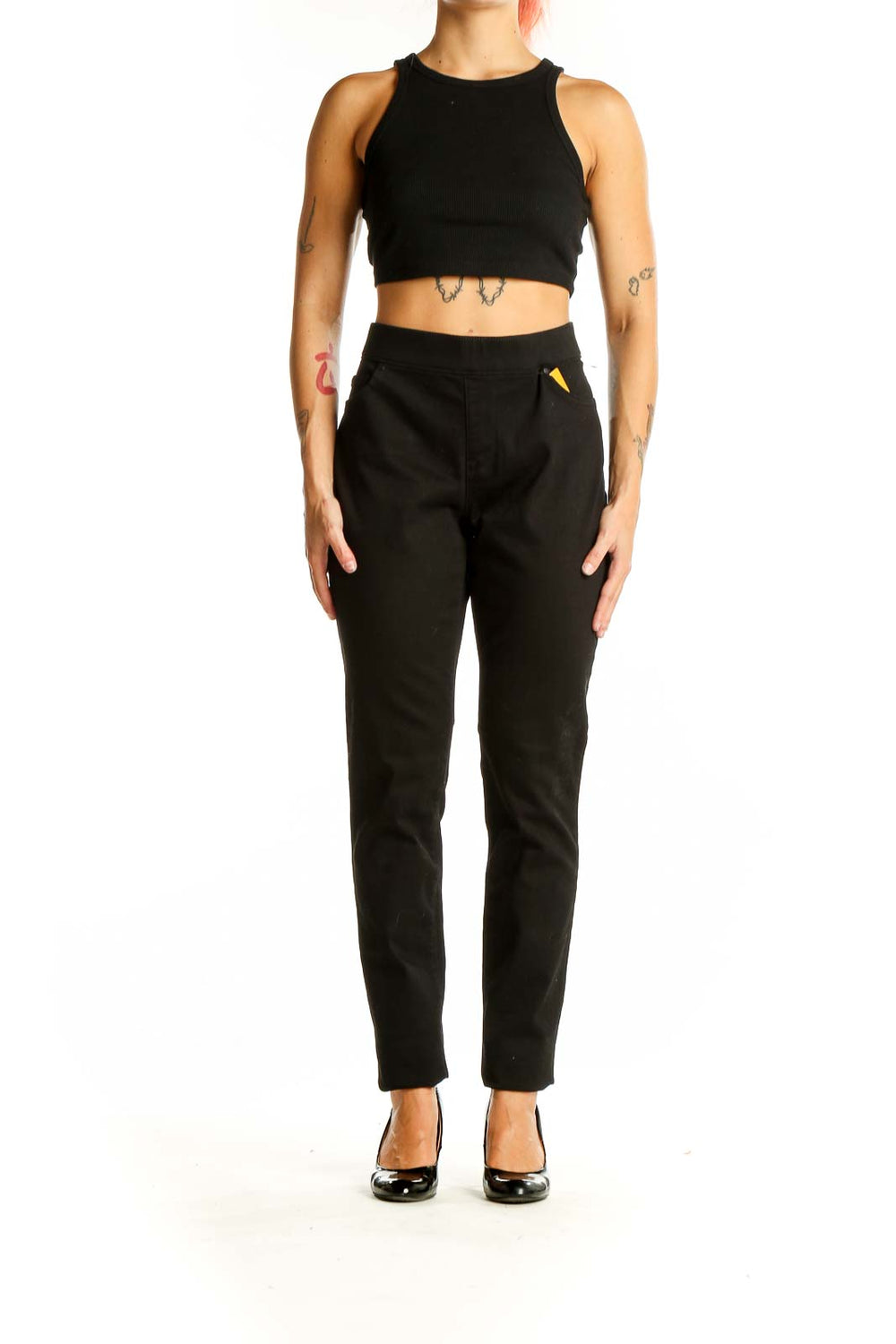 Front view of Lee black straight-leg dress pants on model