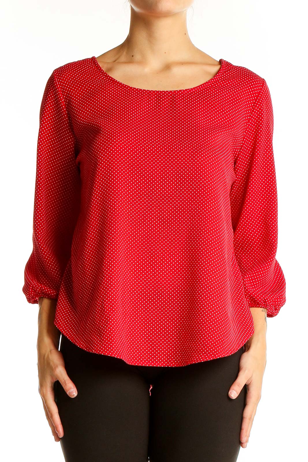 Front view of LE LIS red polka dot blouse with balloon sleeves