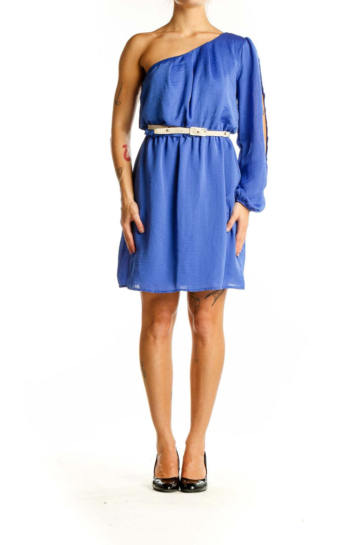 Front view of BCX blue one-shoulder mini dress with white belt