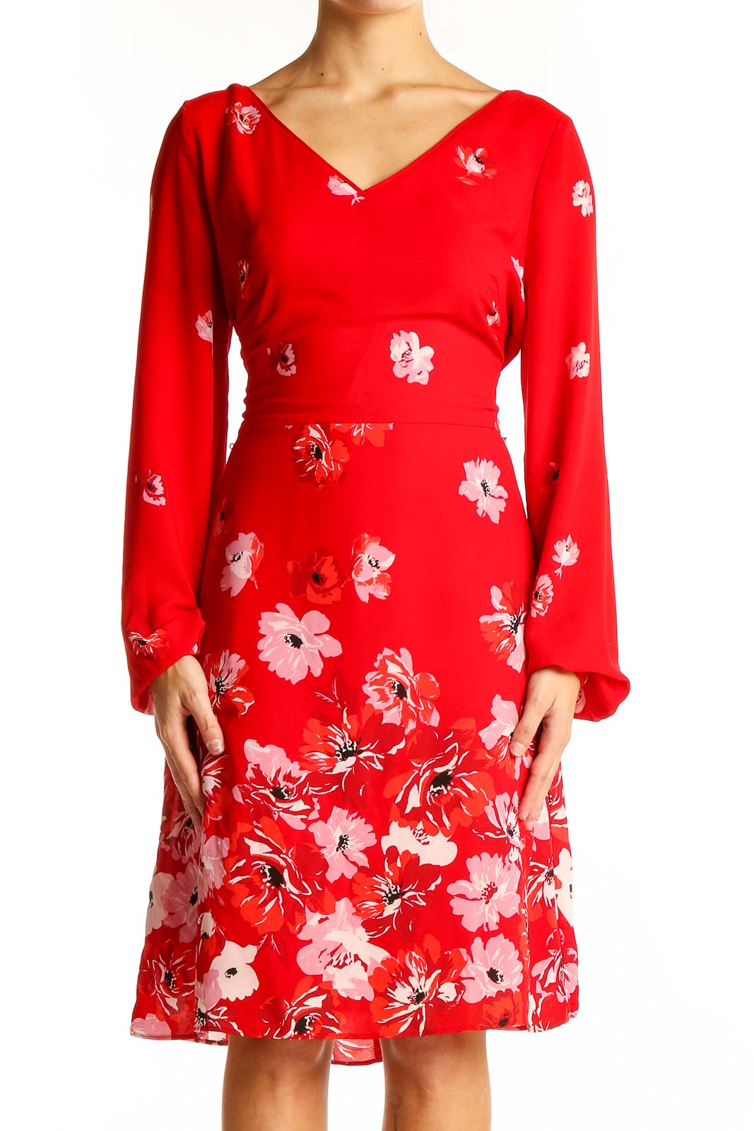 Front view of red floral long sleeve V-neck dress from White House Black Market