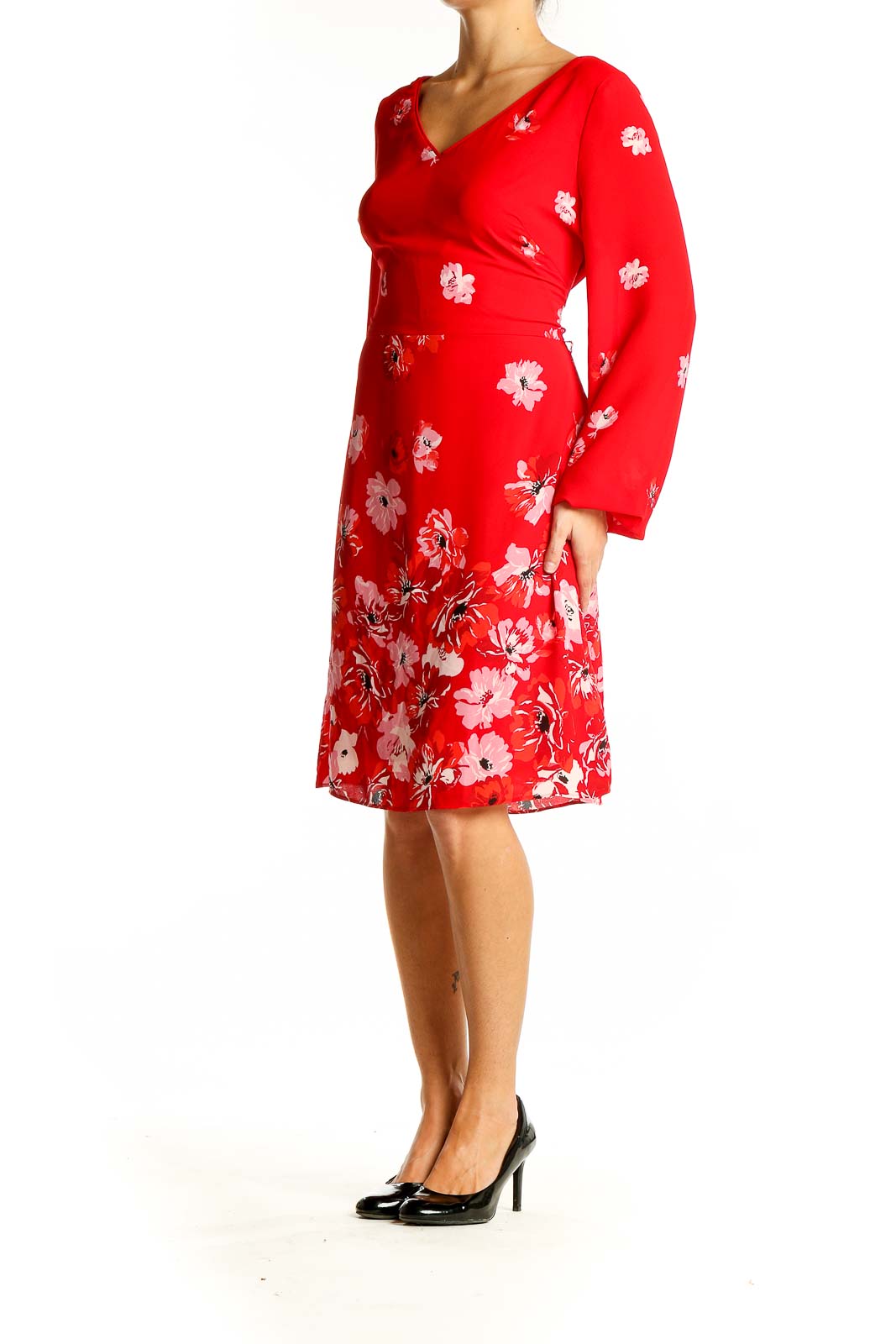 Front view of red floral long sleeve V-neck dress from White House Black Market