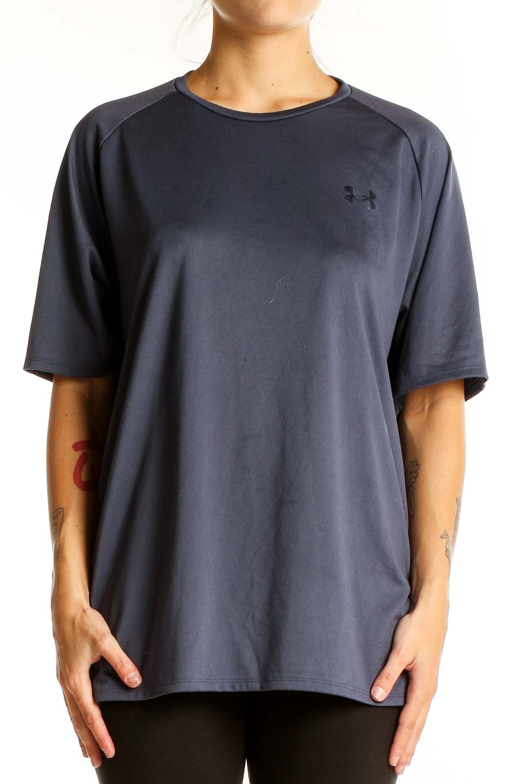 Front view of gray Under Armour athletic t-shirt with raglan sleeves