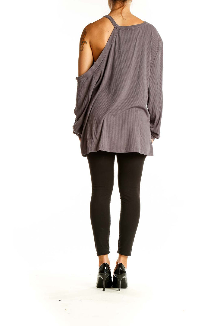 Back view of gray Eloquii asymmetrical cold shoulder ribbed top