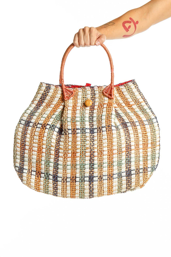 Front view of Mister Ernest multicolor woven straw beach tote with striped pattern