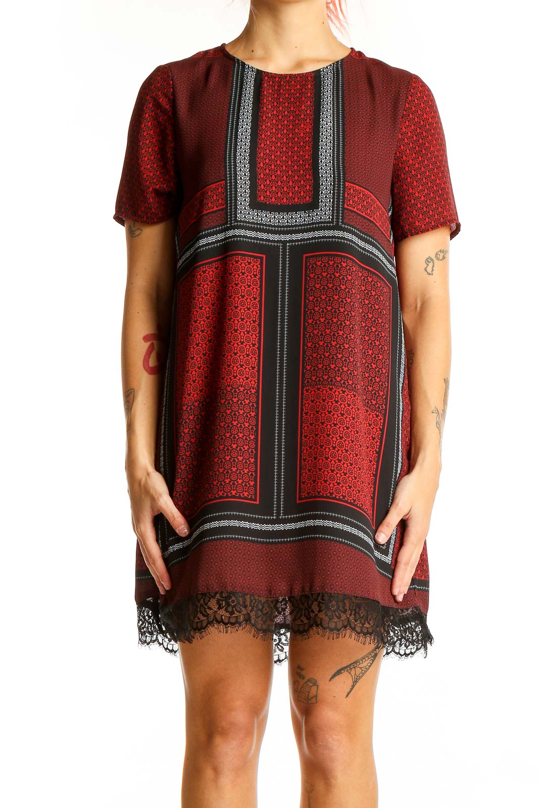 Front view of Express burgundy patterned mini dress with lace trim