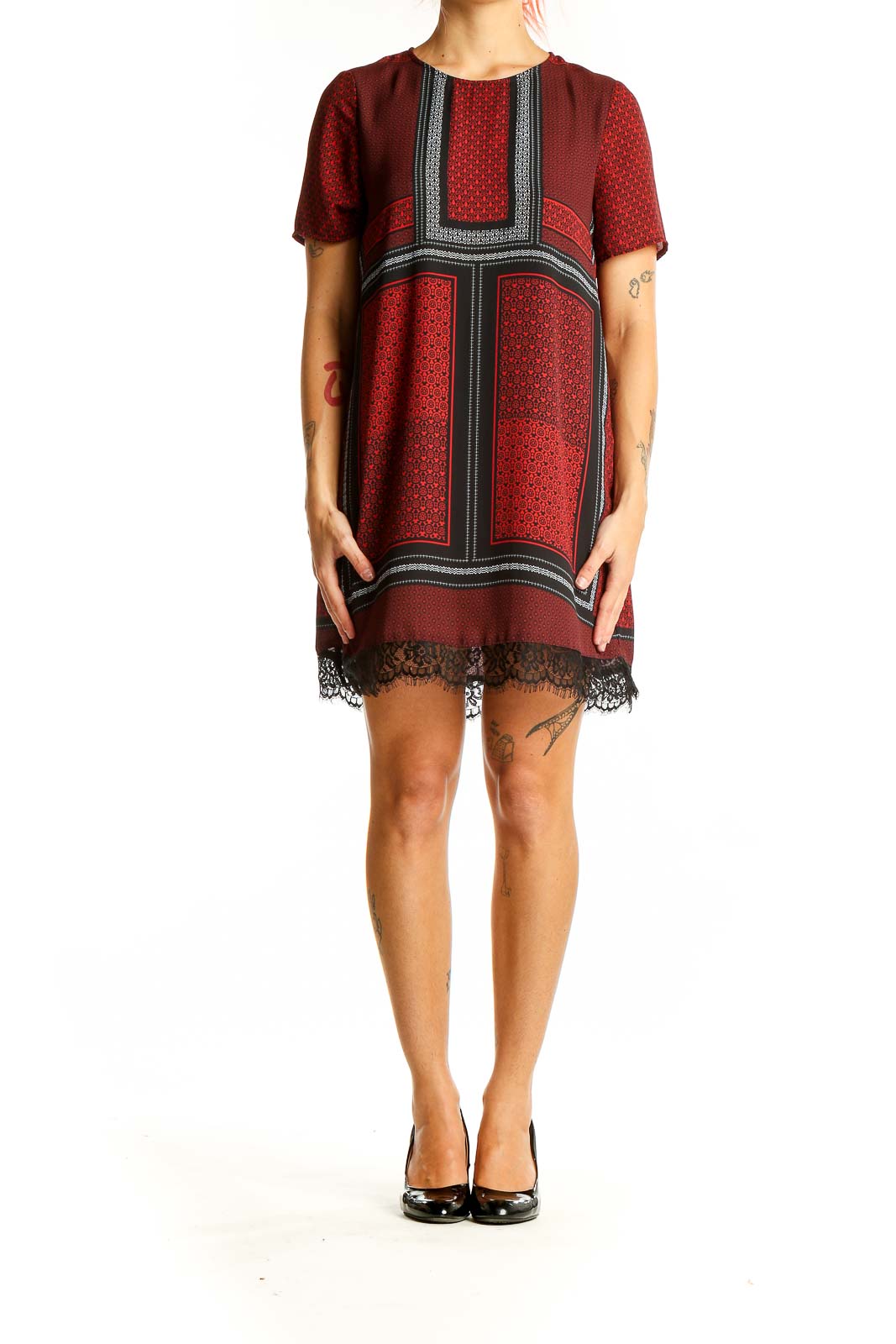 Front view of Express burgundy patterned mini dress with lace trim