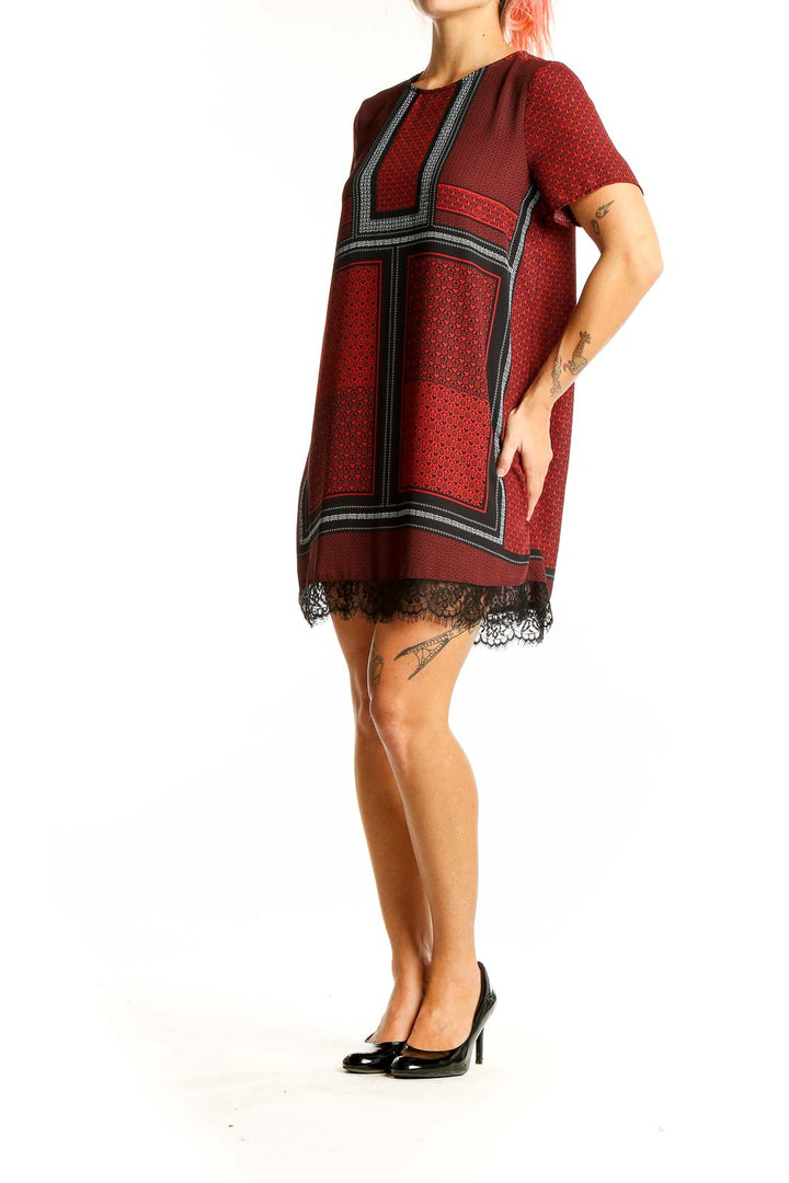 Front view of Express burgundy patterned mini dress with lace trim