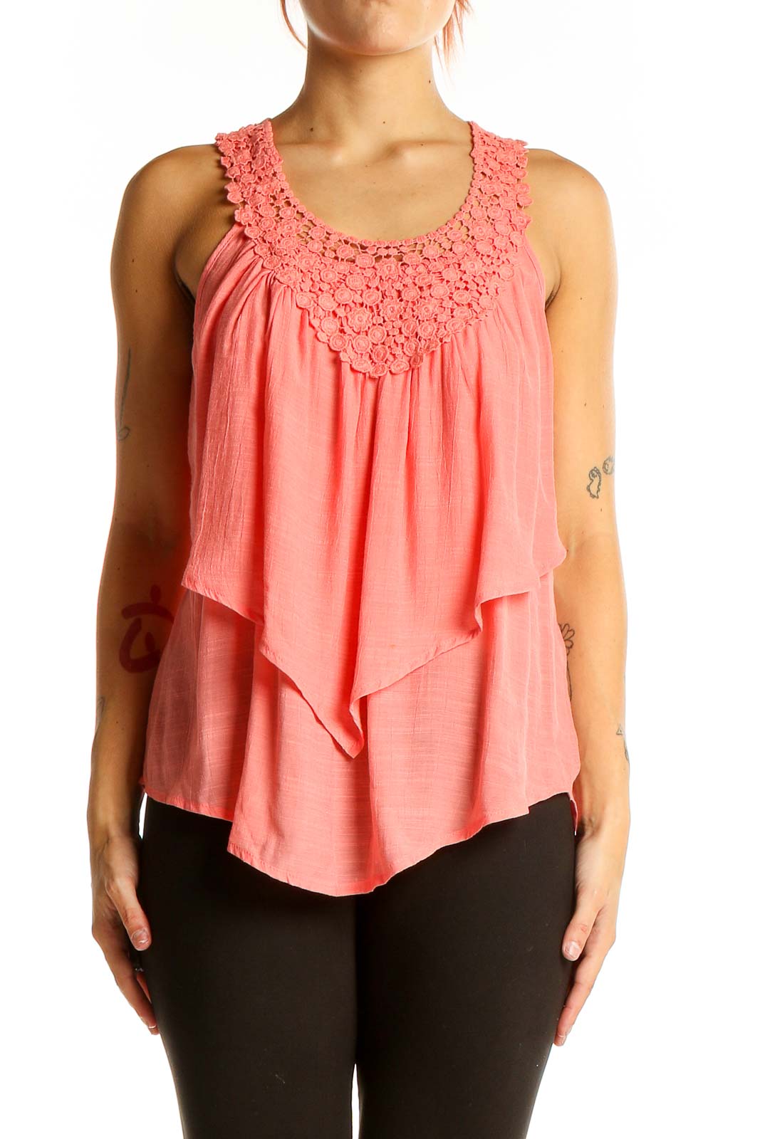 Front view of Spense coral layered tank top with crochet neckline