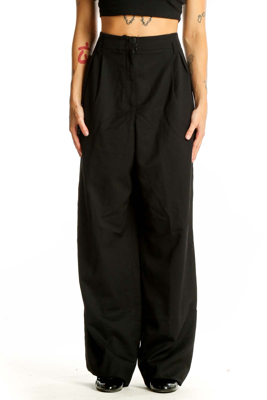 Front view of Ellen Tracy black wool blend wide-leg trousers