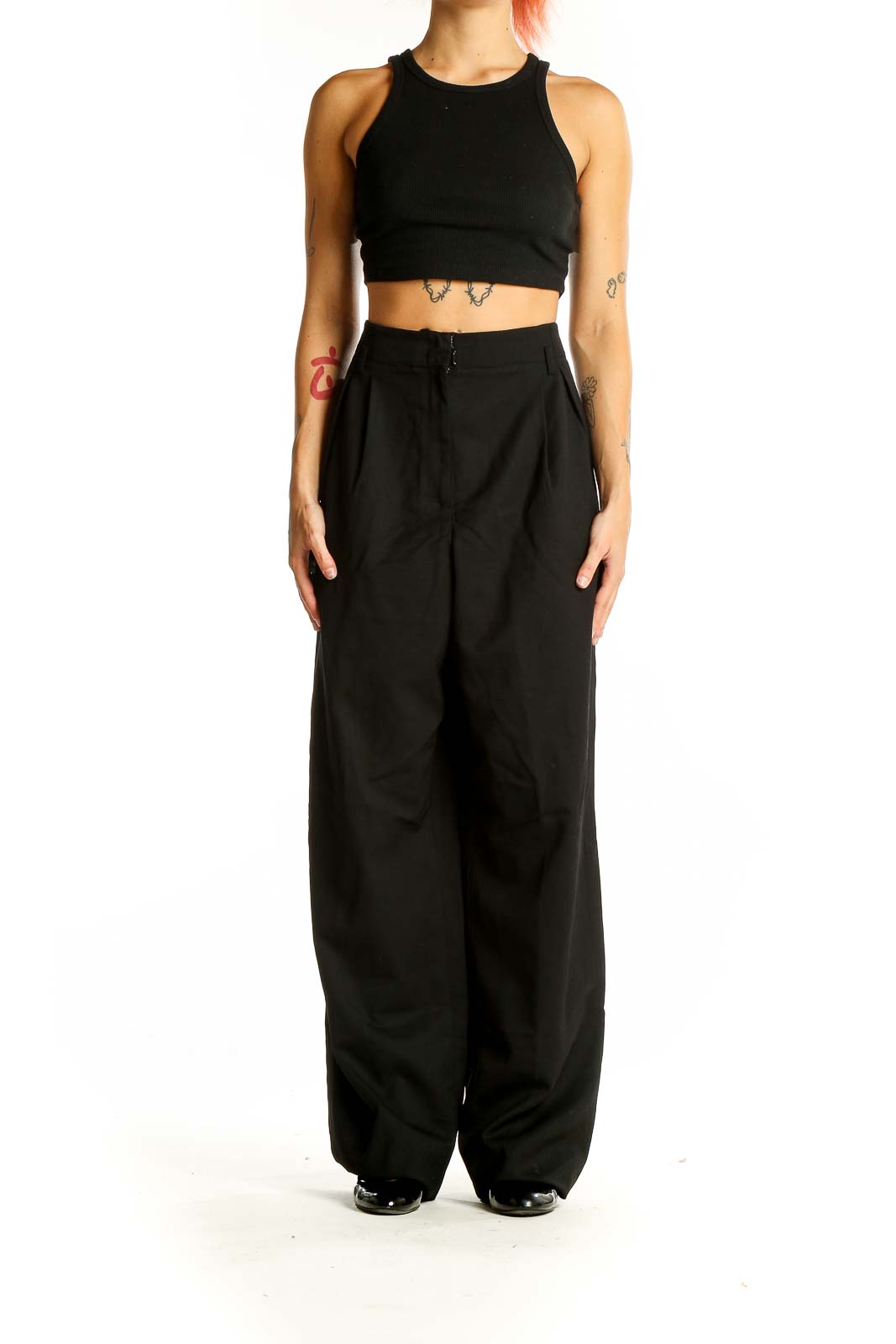 Front view of Ellen Tracy black wool blend wide-leg trousers