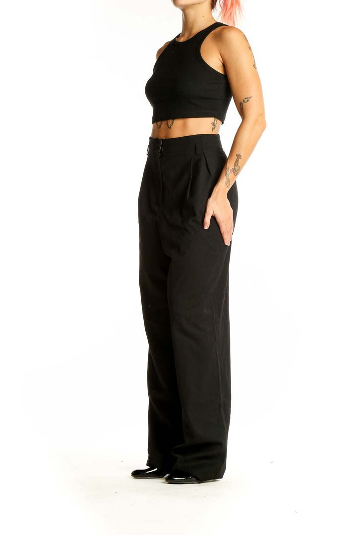 Front view of Ellen Tracy black wool blend wide-leg trousers