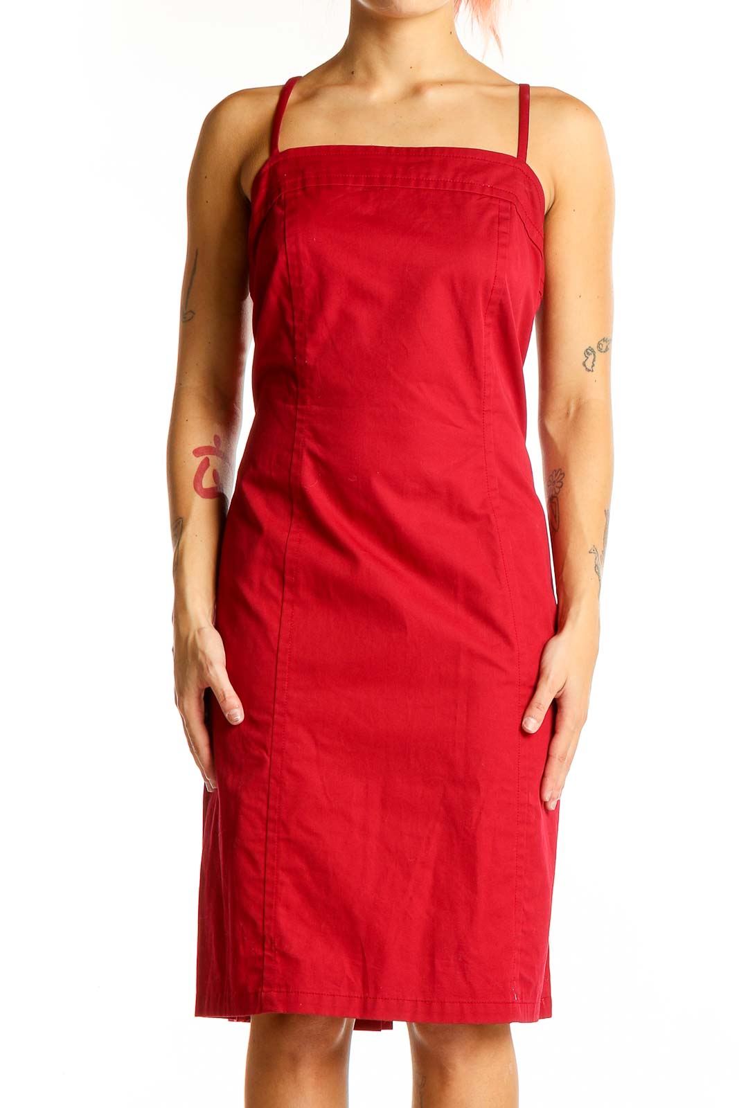 Front view of red Tommy Hilfiger sleeveless midi dress with square neckline