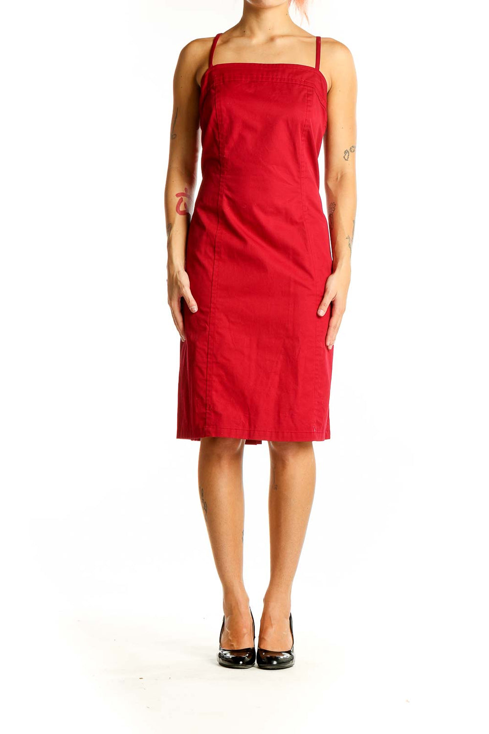 Front view of red Tommy Hilfiger sleeveless midi dress with square neckline