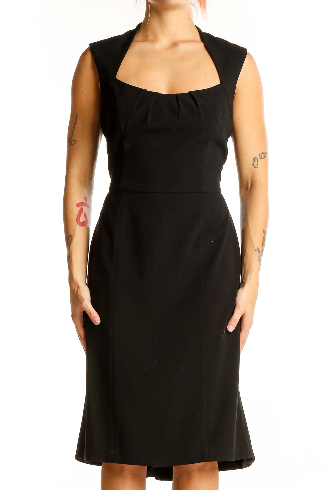 Front view of black sleeveless midi dress with square neckline