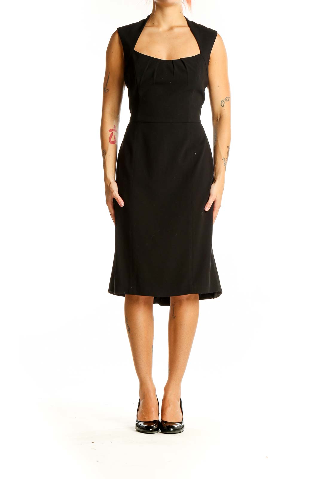 Front view of black sleeveless midi dress with square neckline