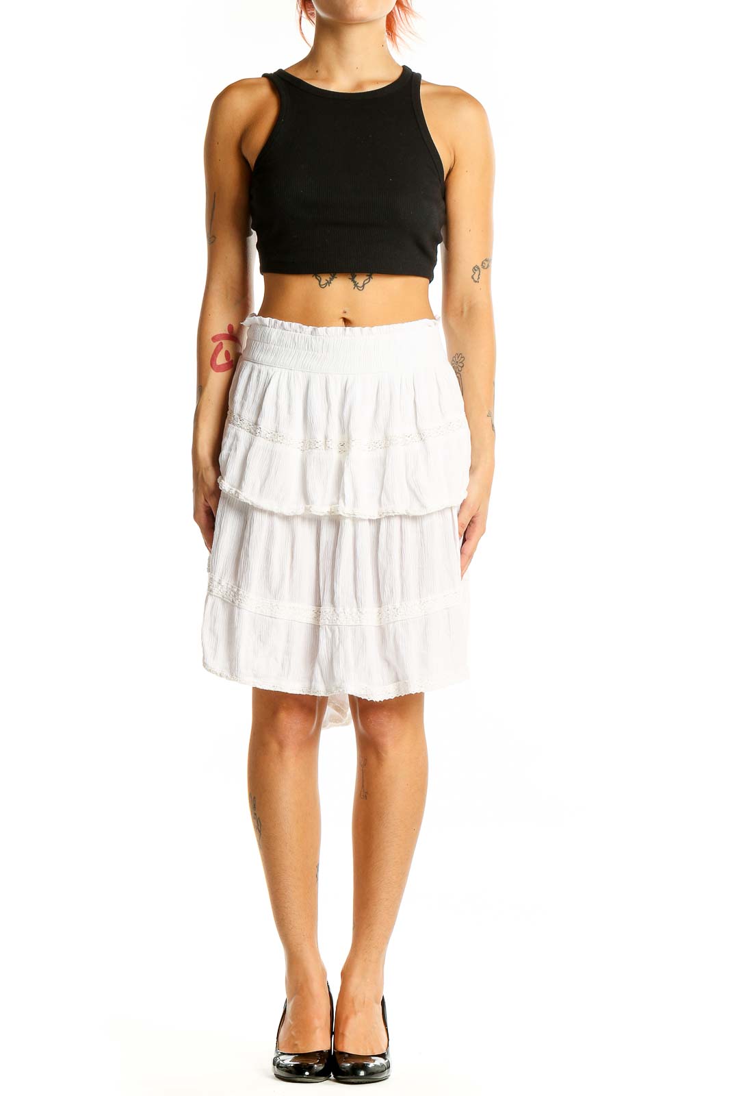 Front view of white tiered rayon midi skirt by Crown & Ivy