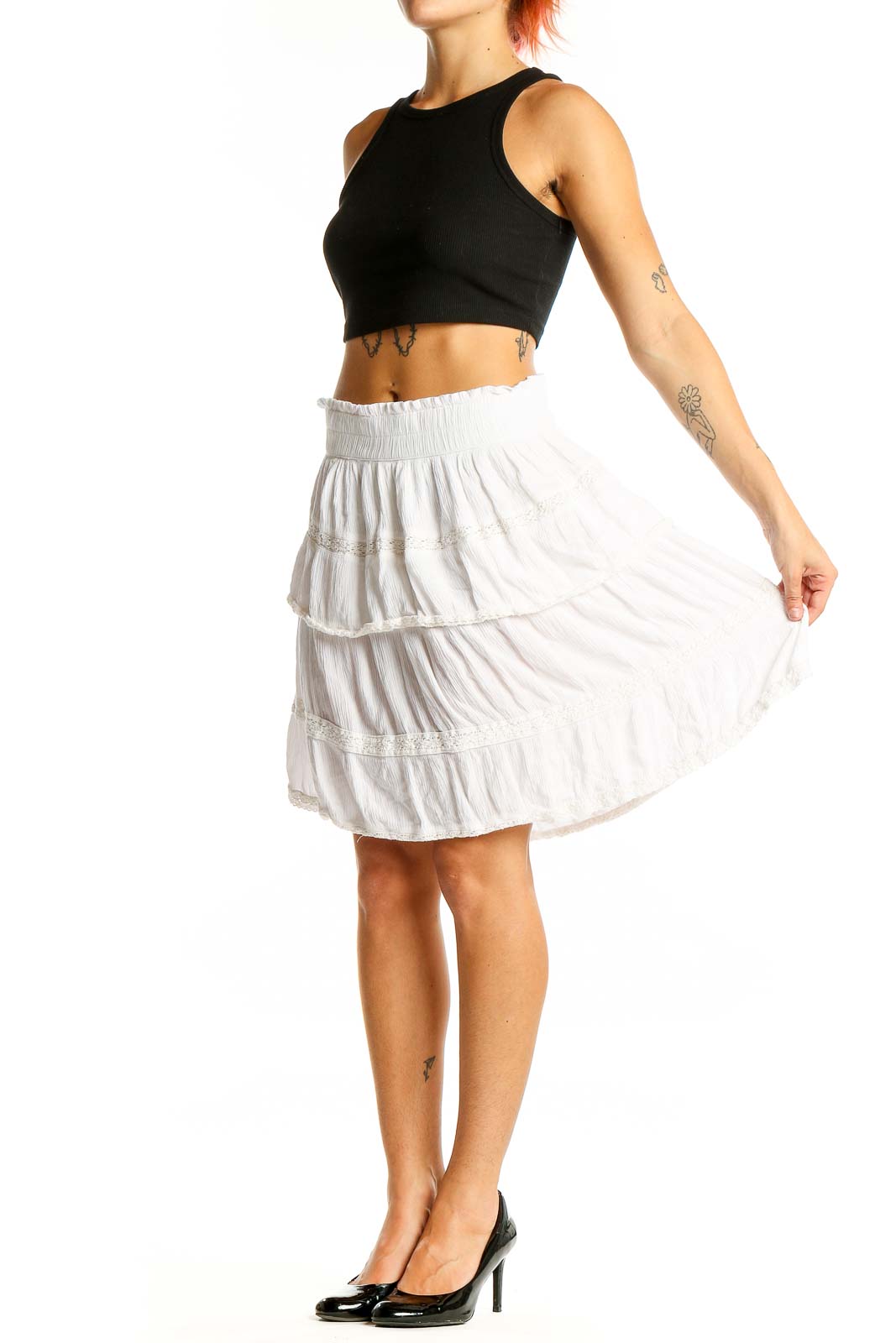 Front view of white tiered rayon midi skirt by Crown & Ivy