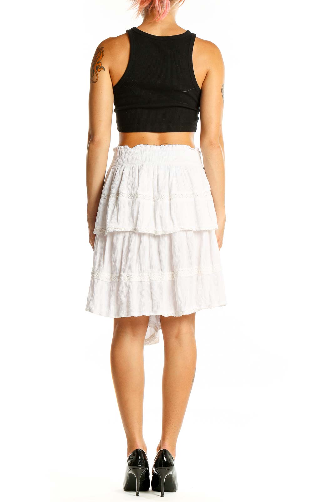 Back view of white tiered rayon midi skirt by Crown & Ivy