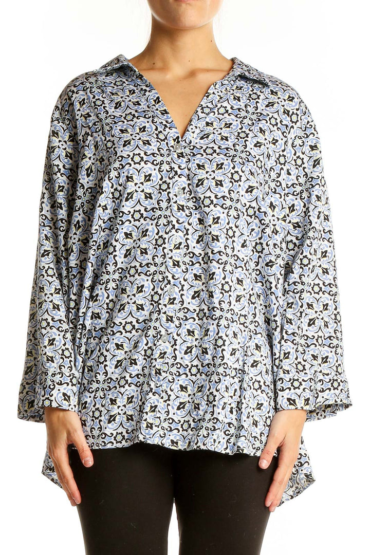 Front view of 212 Collection blue floral print tunic top in size 3X