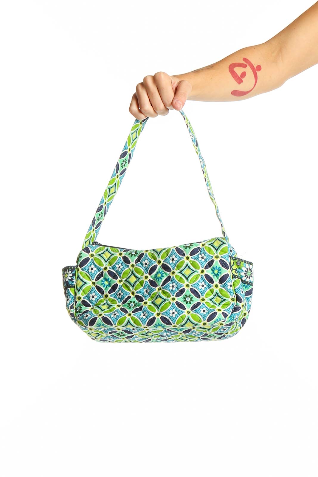 Front view of Vera Bradley green geometric print shoulder bag