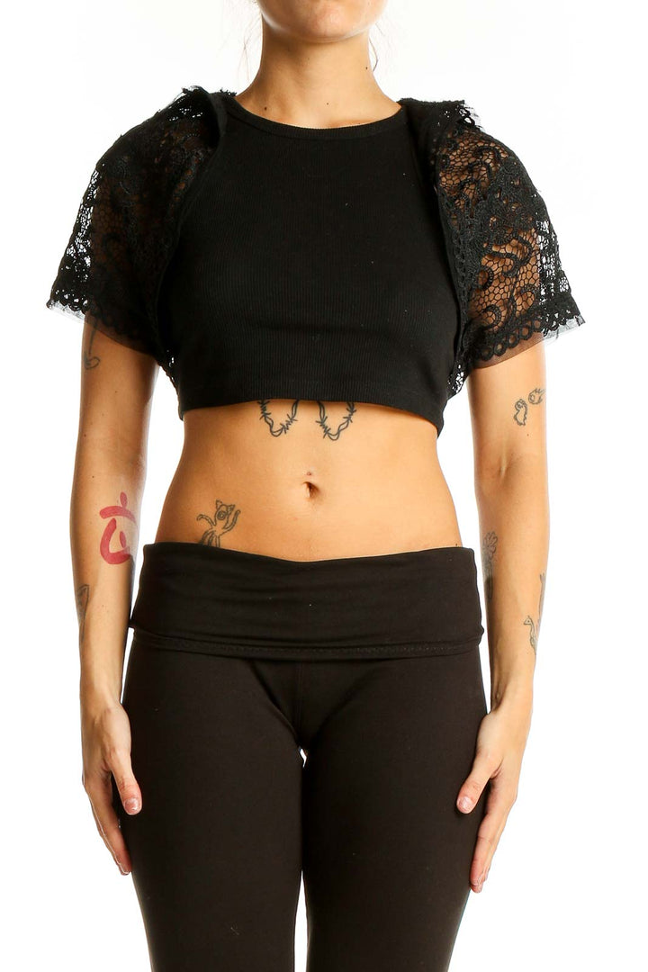 Front view of Lulu Guinness Black Lace Sleeve Crop Top