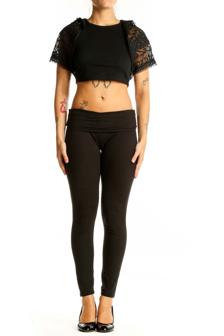 Front view of Lulu Guinness Black Lace Sleeve Crop Top