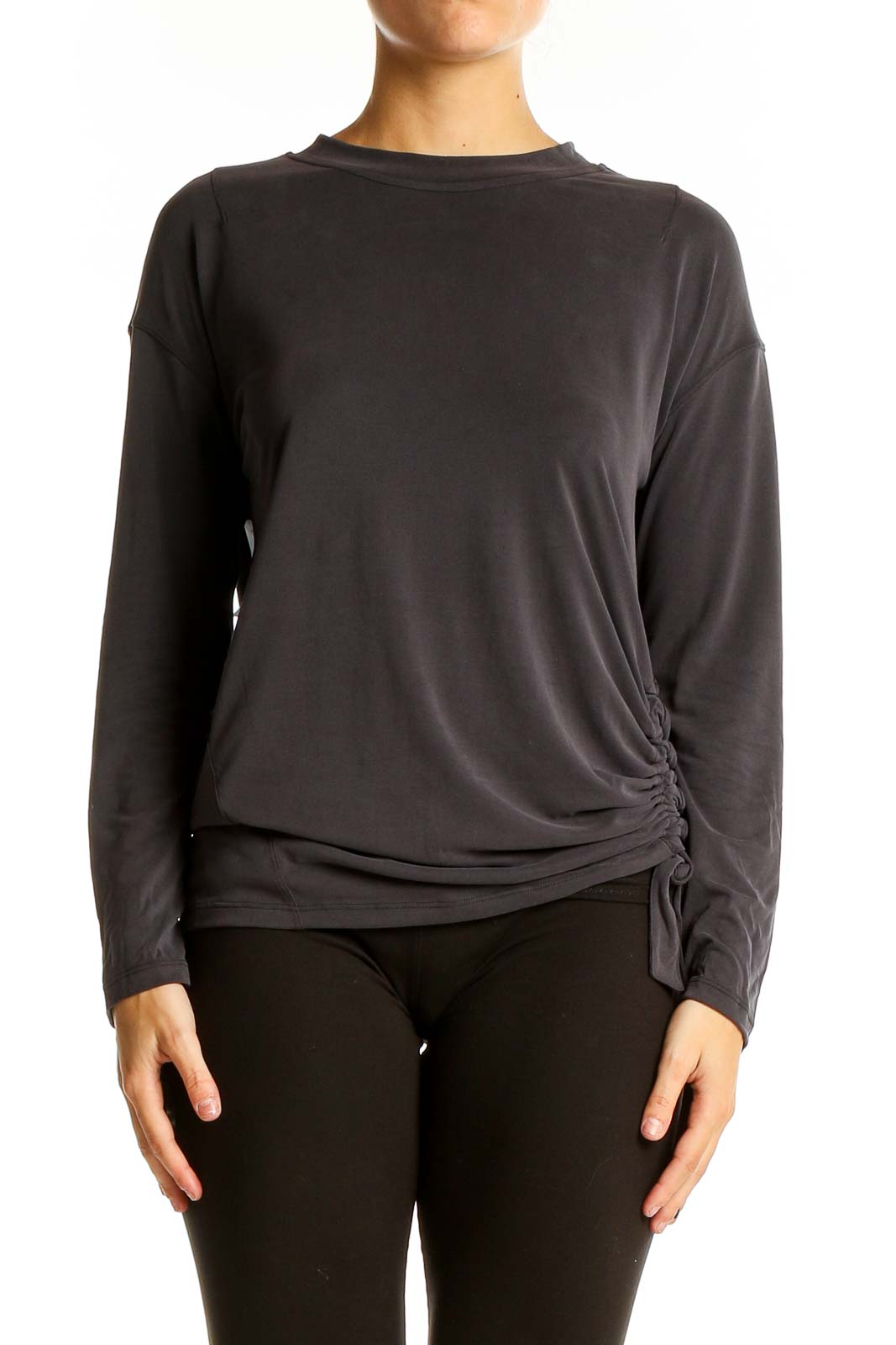 Front view of gray Lululemon long sleeve activewear top with ruched side detail