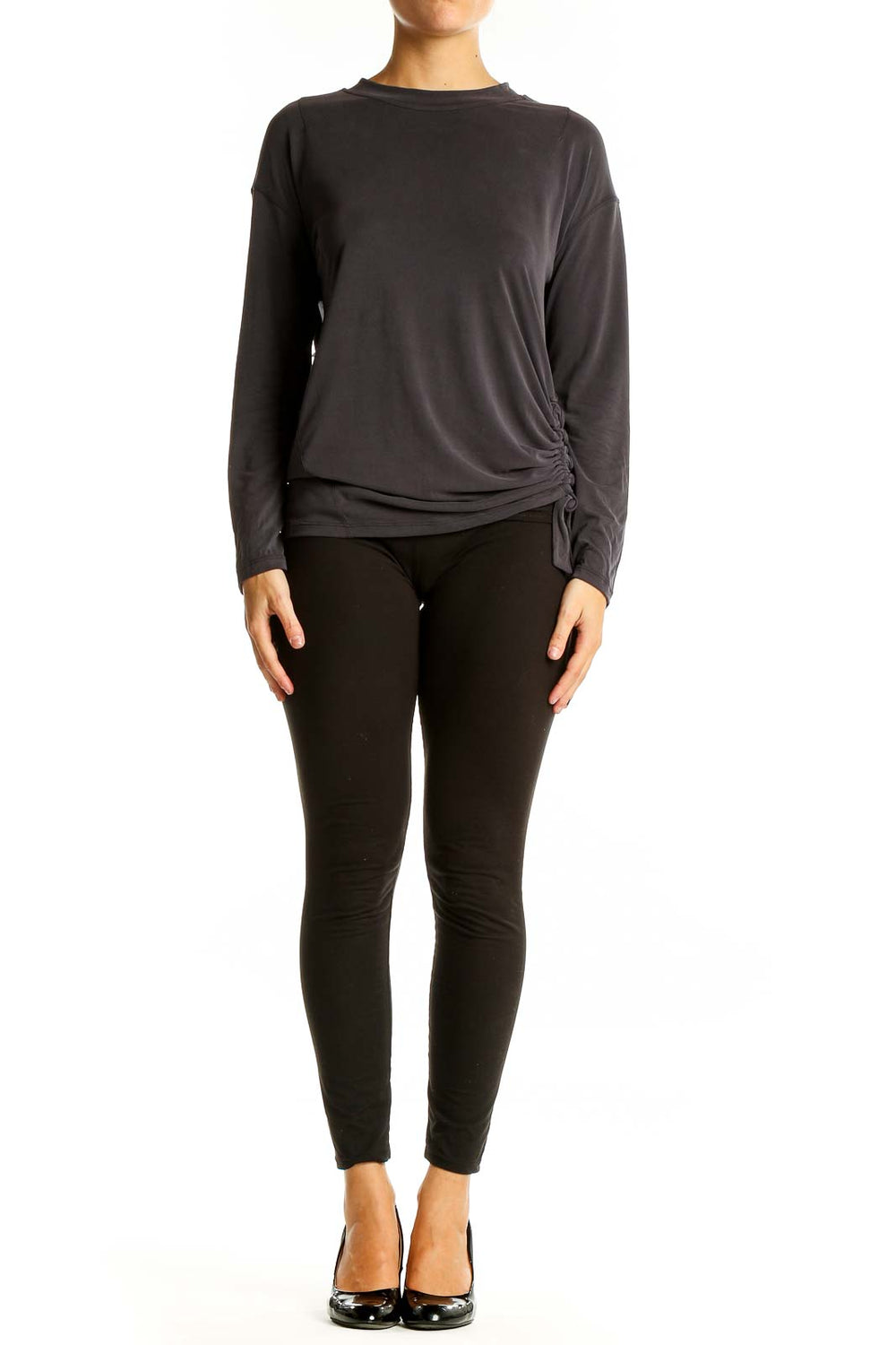 Front view of gray Lululemon long sleeve activewear top with ruched side detail