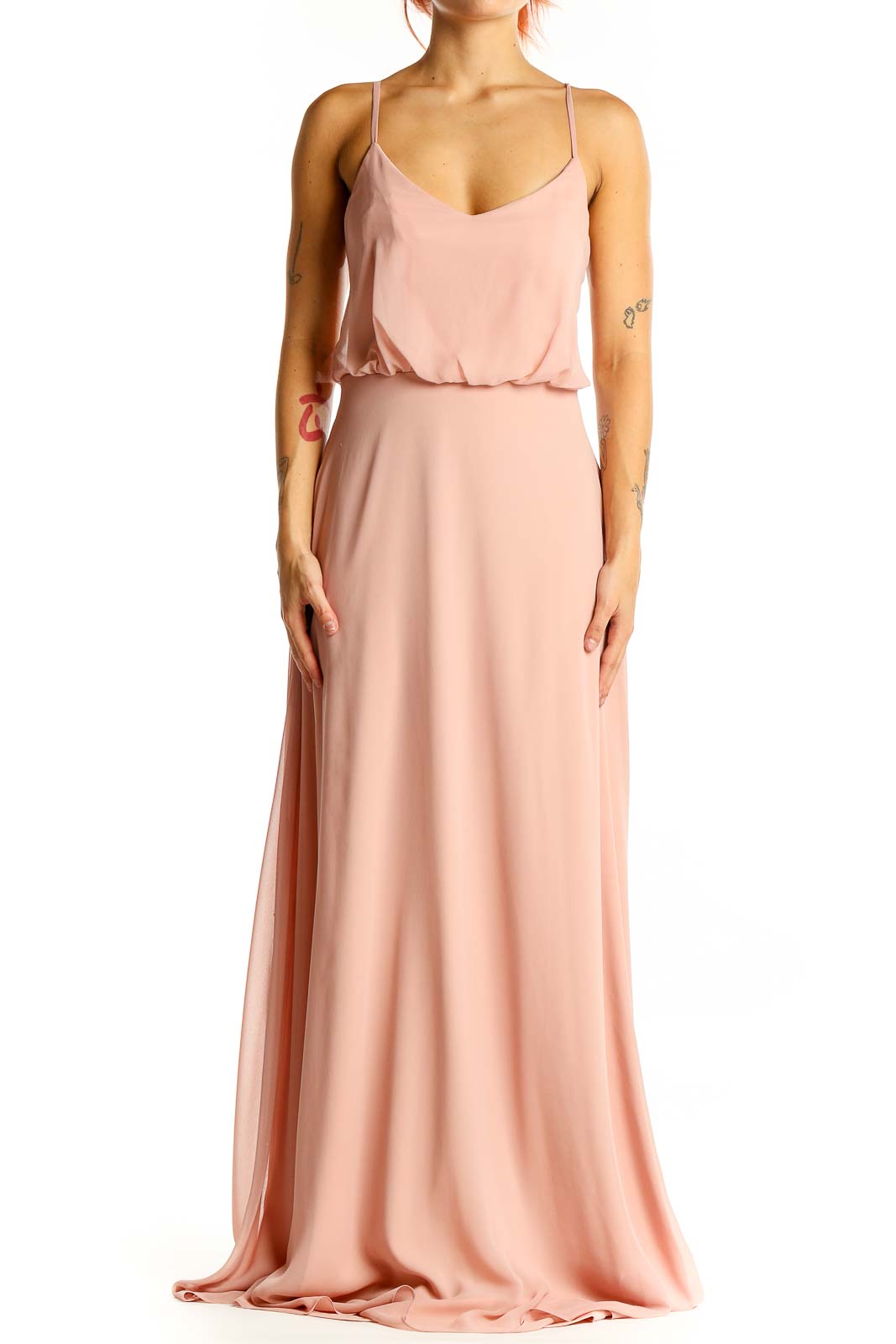 Front view of Birdy Grey blush pink maxi dress with spaghetti straps