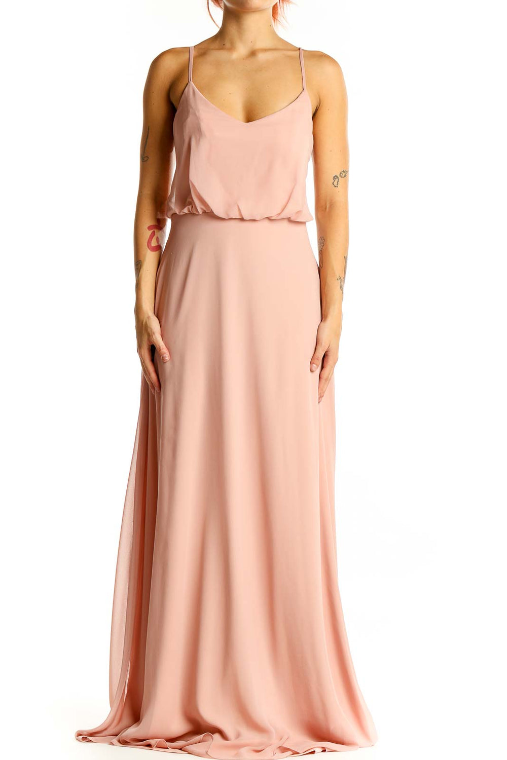 Front view of Birdy Grey blush pink maxi dress with spaghetti straps