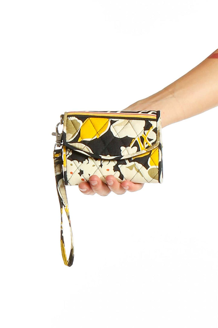 Front view of Vera Bradley Yellow Floral Print Quilted Clutch with wristlet strap