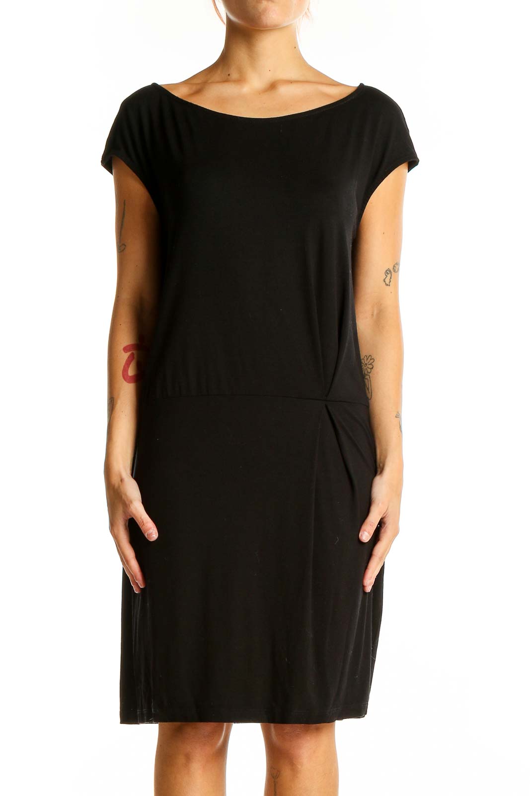 Front view of black Eileen Fisher cap-sleeve dress on model