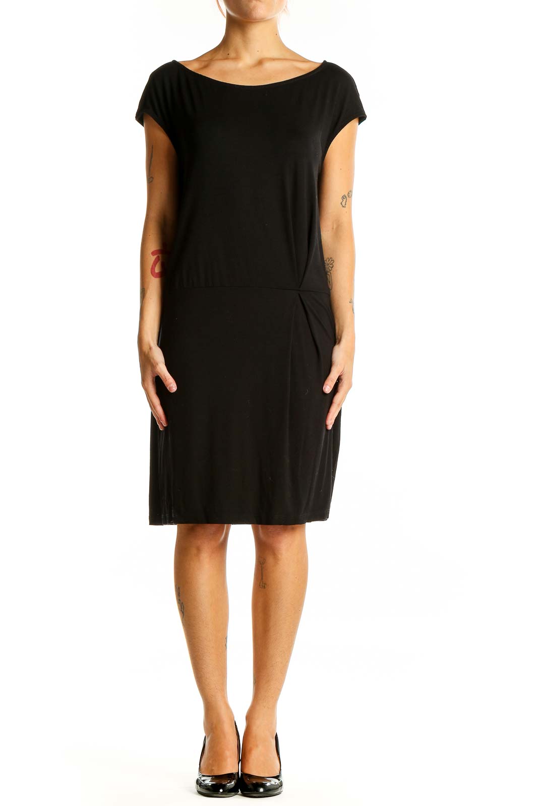 Front view of black Eileen Fisher cap-sleeve dress on model