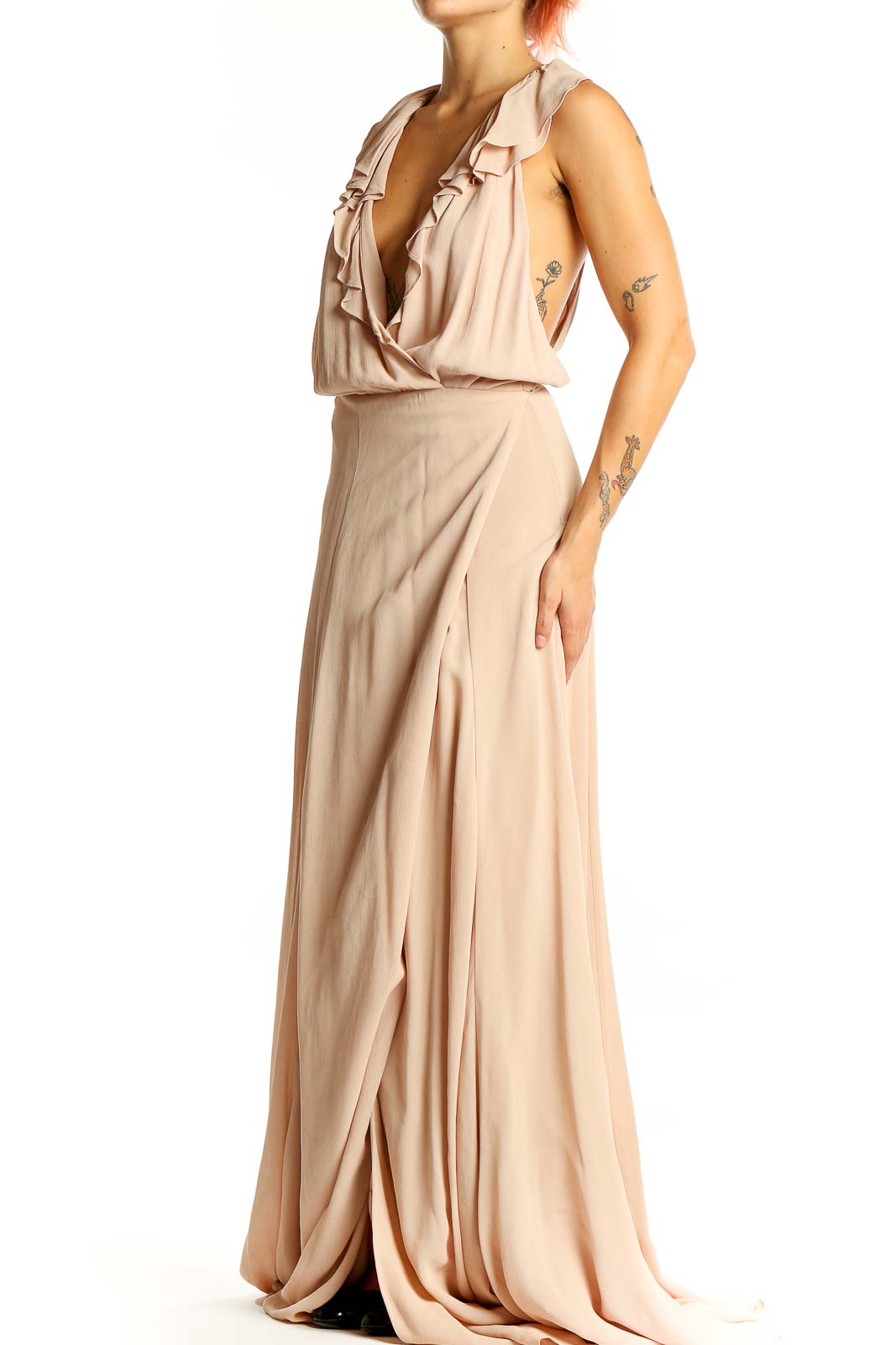 Beige Plunge Neck Evening Dress