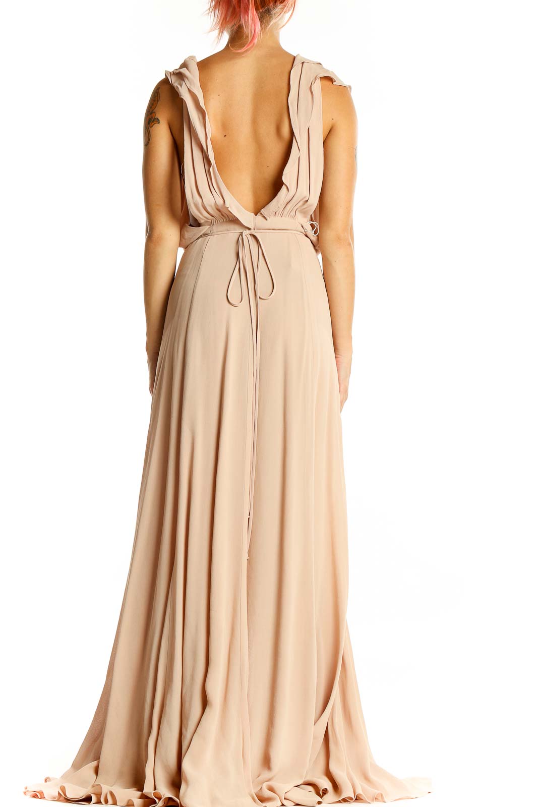 Beige Plunge Neck Evening Dress