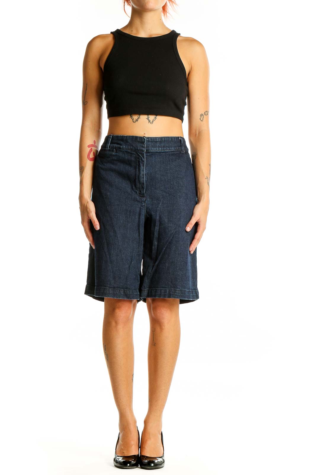 Front view of Talbots dark blue denim Bermuda shorts on model