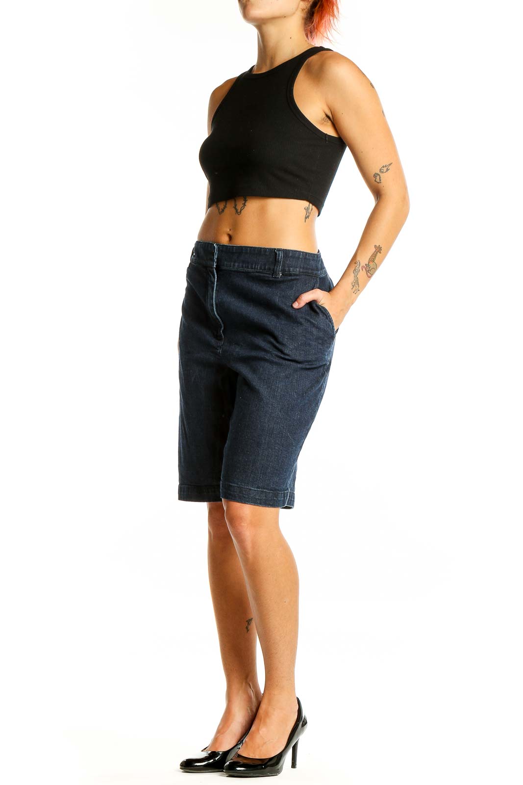 Front view of Talbots dark blue denim Bermuda shorts on model