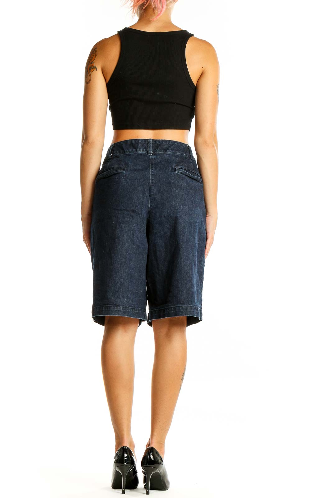 Back view of Talbots dark blue denim Bermuda shorts on model