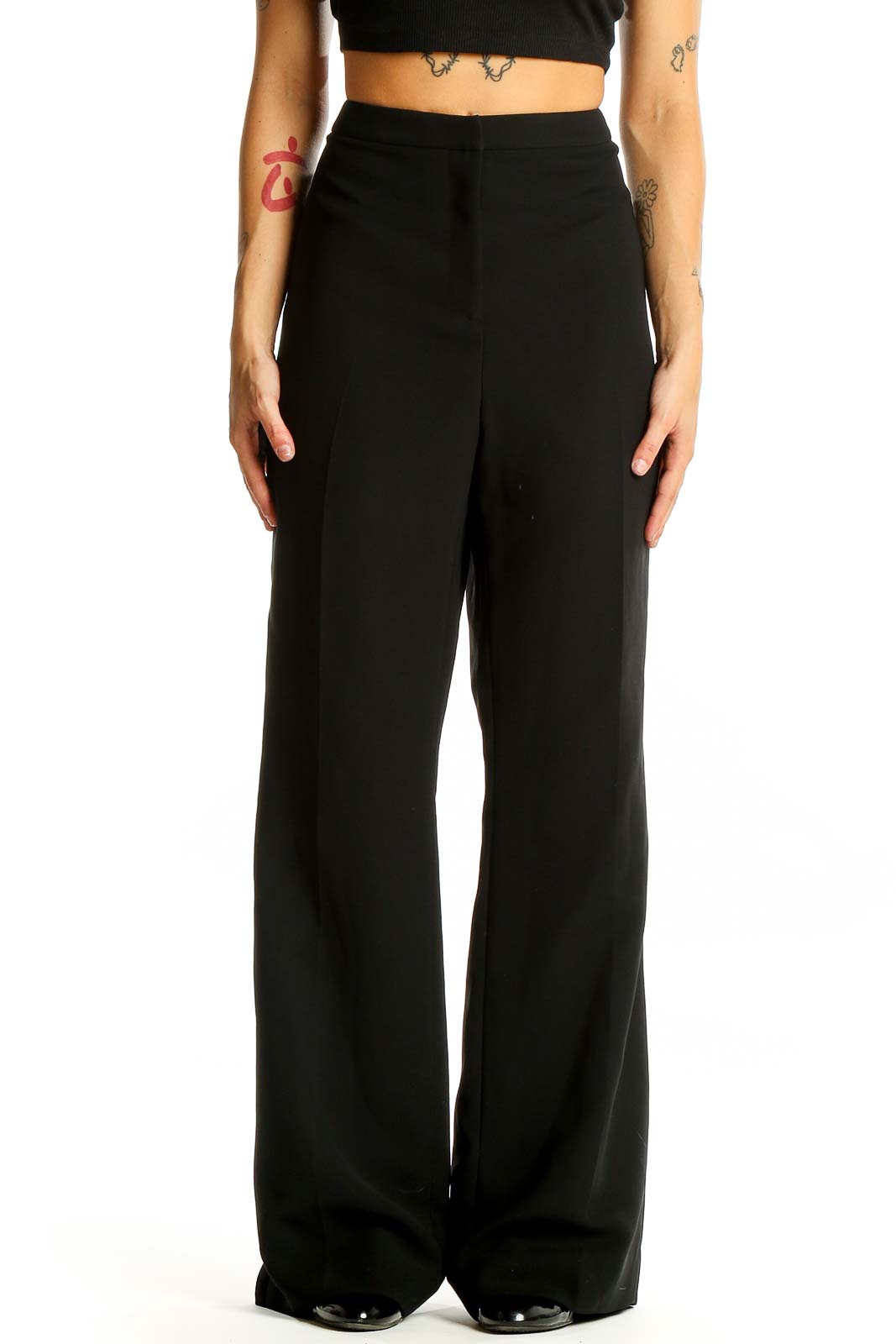 Front view of Tahari Arthur S. Levine black wide-leg dress pants