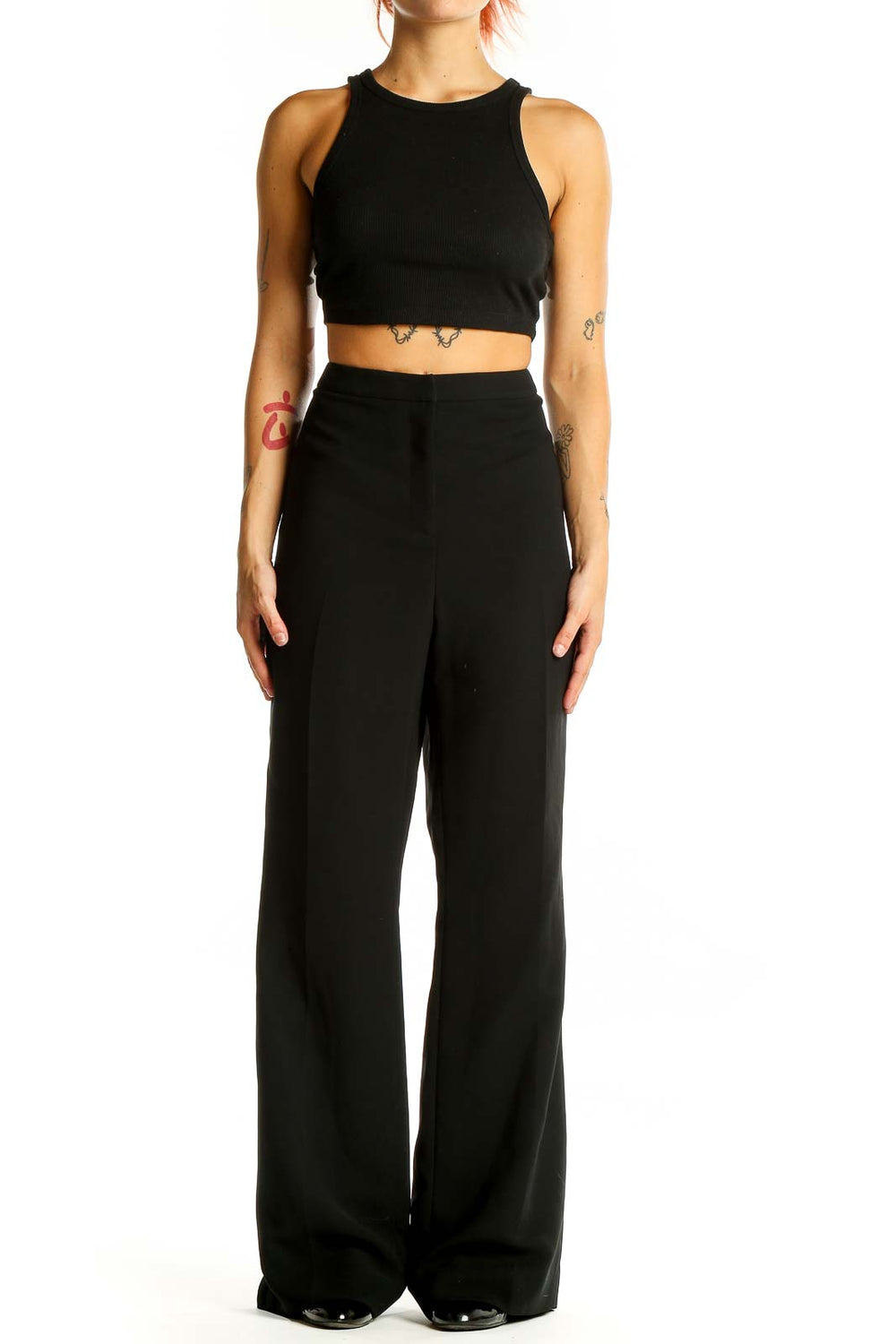 Front view of Tahari Arthur S. Levine black wide-leg dress pants