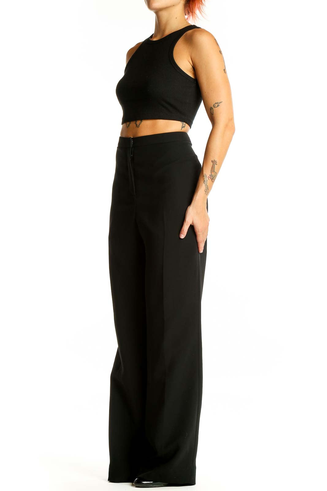 Front view of Tahari Arthur S. Levine black wide-leg dress pants