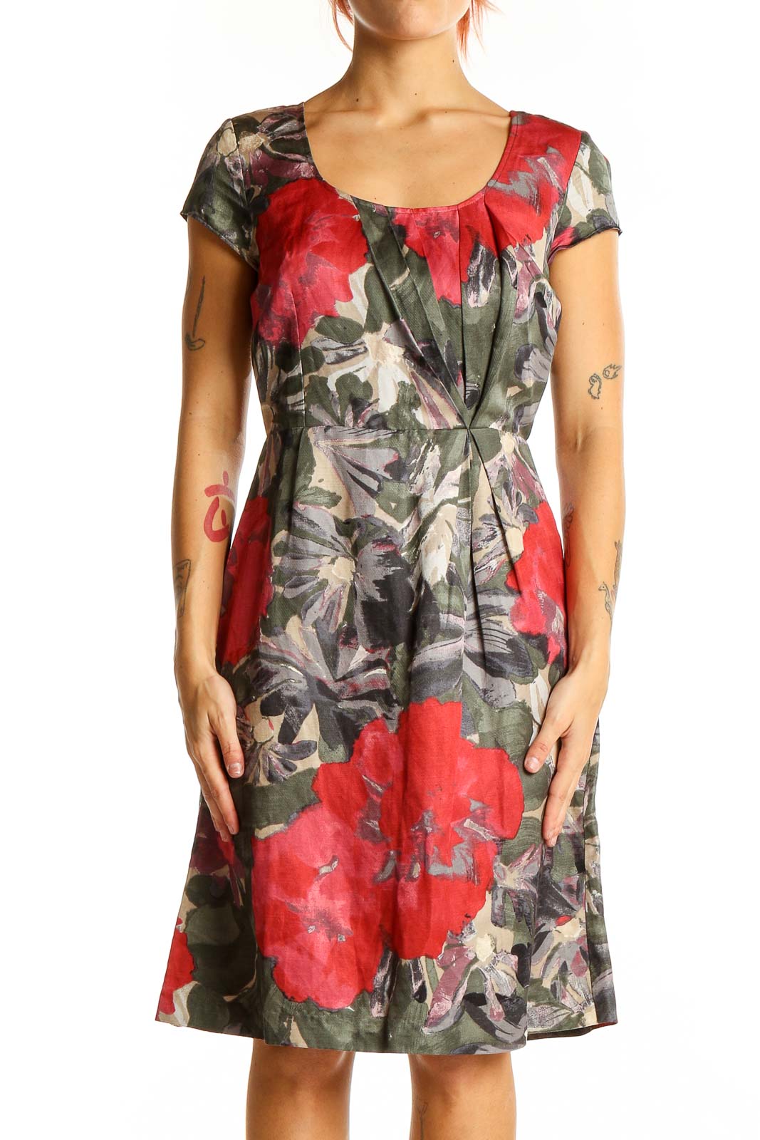 Front view of Red Floral Print Cap Sleeve Dress from Banana Republic