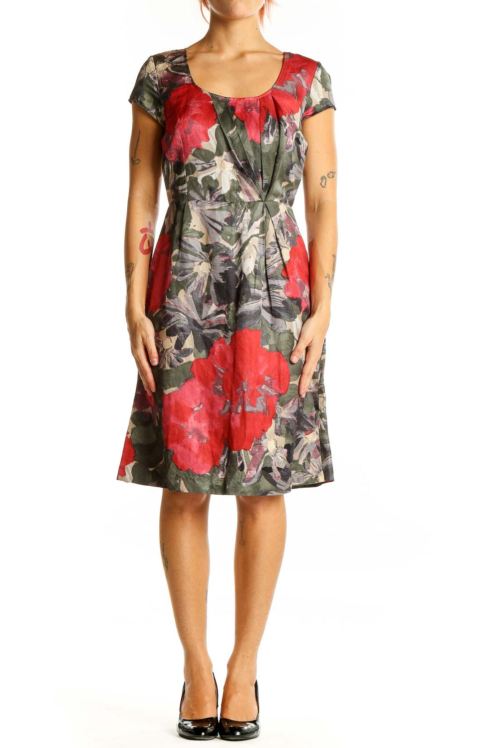 Front view of Red Floral Print Cap Sleeve Dress from Banana Republic