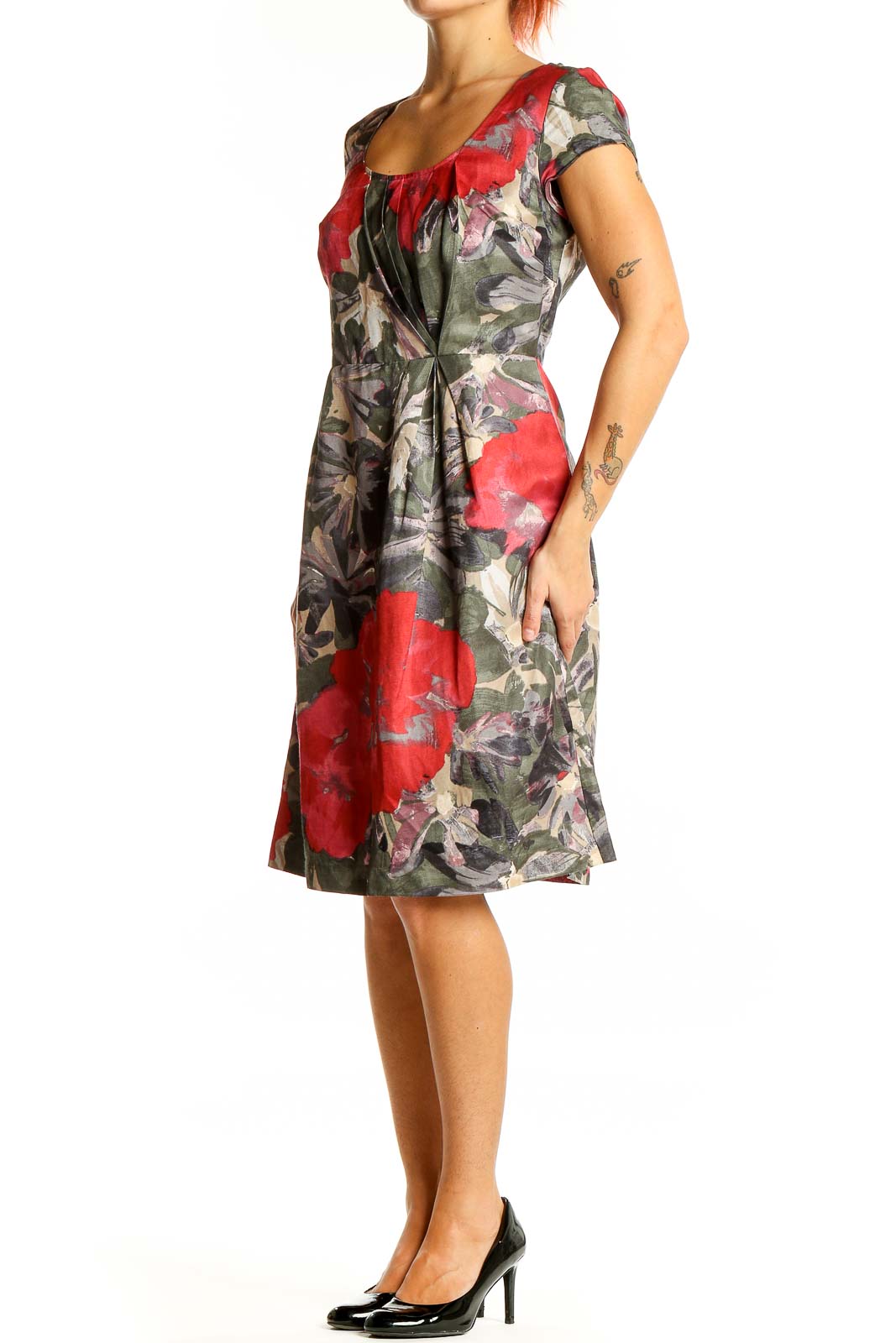 Front view of Red Floral Print Cap Sleeve Dress from Banana Republic