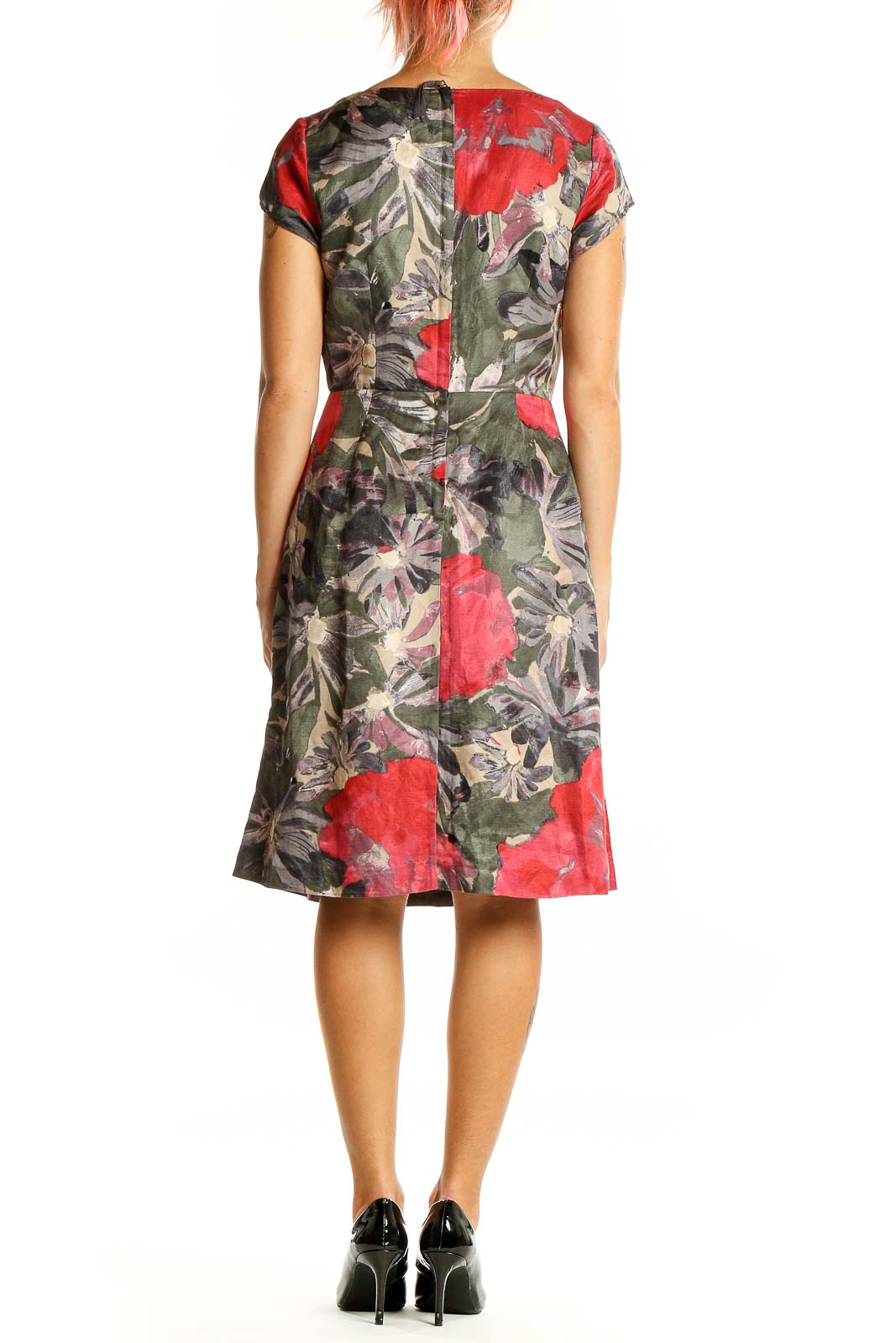 Back view of Red Floral Print Cap Sleeve Dress from Banana Republic