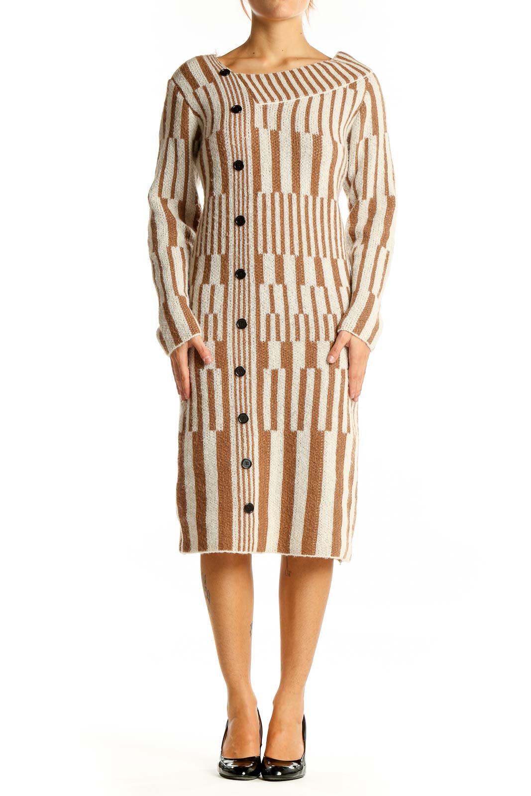 Front view of SilkRoll beige and brown striped knit button-down midi dress