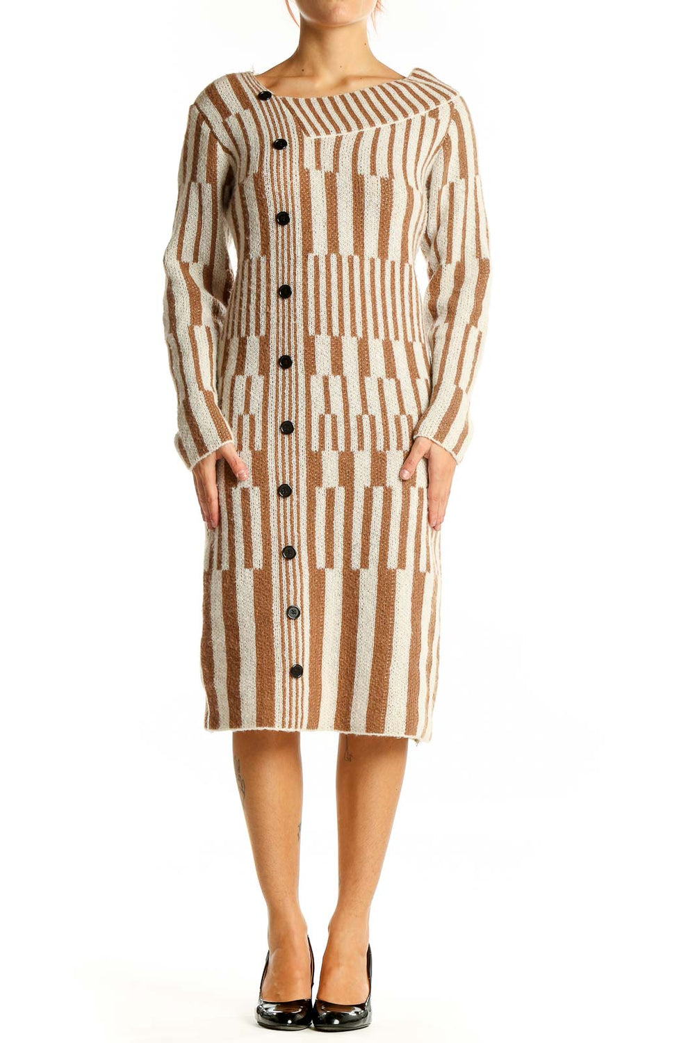 Front view of SilkRoll beige and brown striped knit button-down midi dress