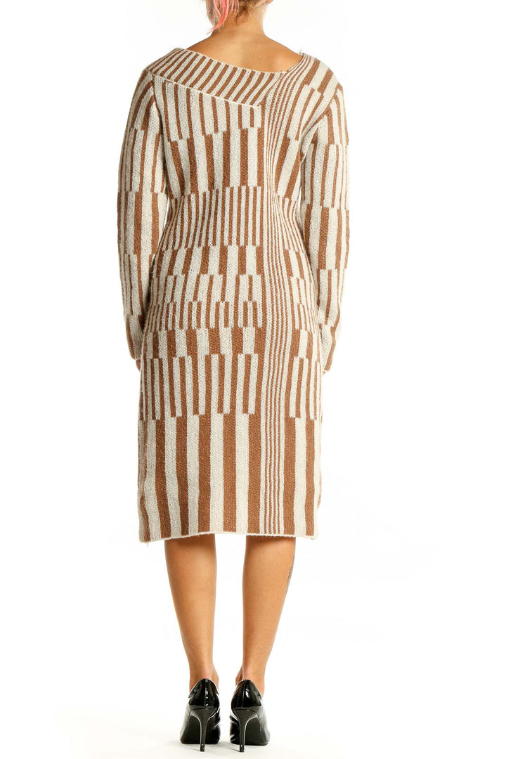 Back view of SilkRoll beige and brown striped knit button-down midi dress