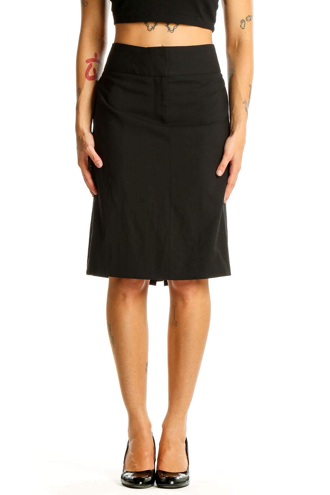 Front view of J.Crew black wool blend A-line skirt on model